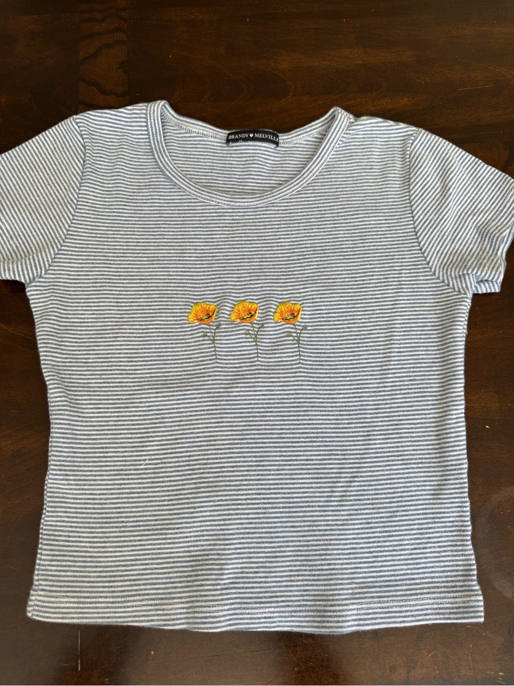 Brandy Melville Girls' Light Blue Stripe Tee with Yellow Floral Embroidery OS